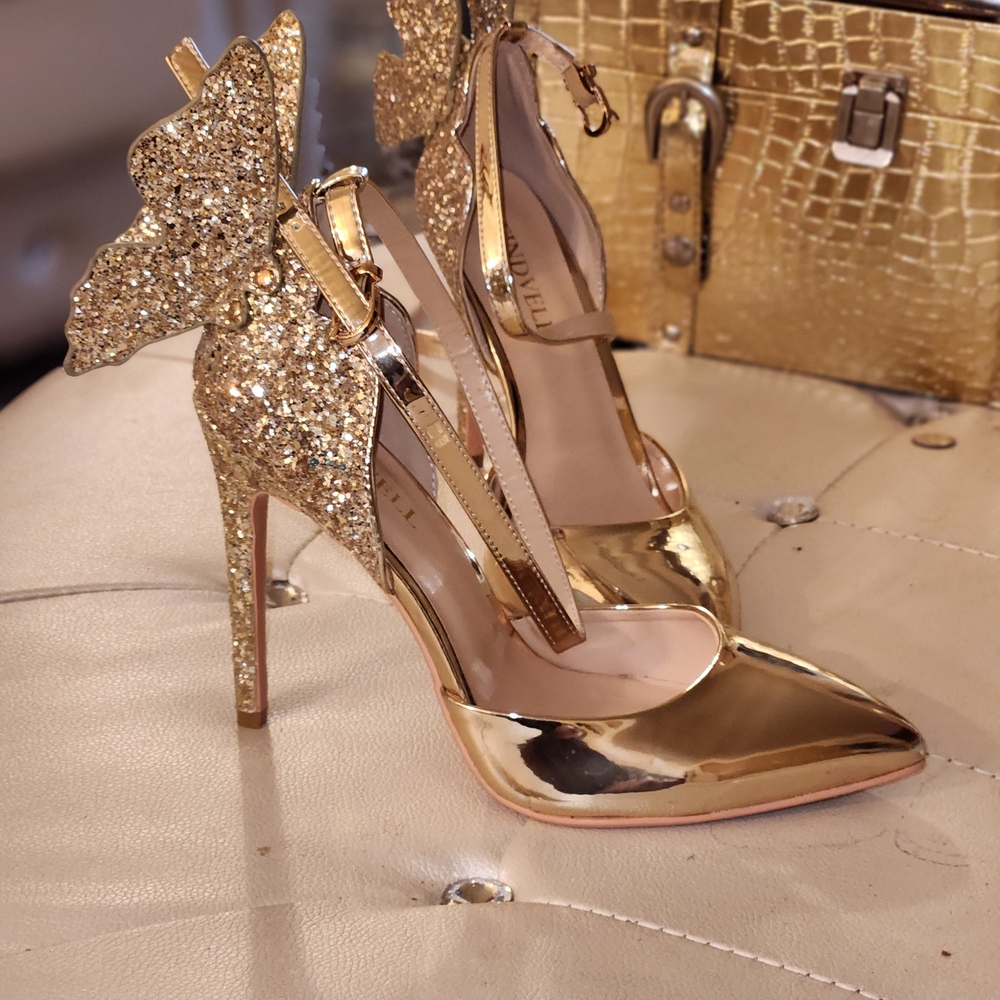 Gold Glitter High Heels with Butterfly Detail